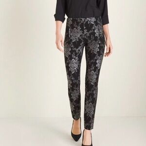 Chico's So Slimming Juliet Foiled Floral Ankle Pant Metallic Black & Silver 00